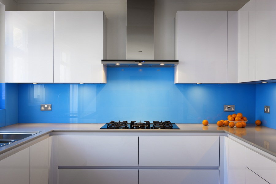 Kitchen Splashbacks Sky Blue Colour, Shaped Cooker Hood and-Cladding-Window-Reveal-Design, London Glass Works